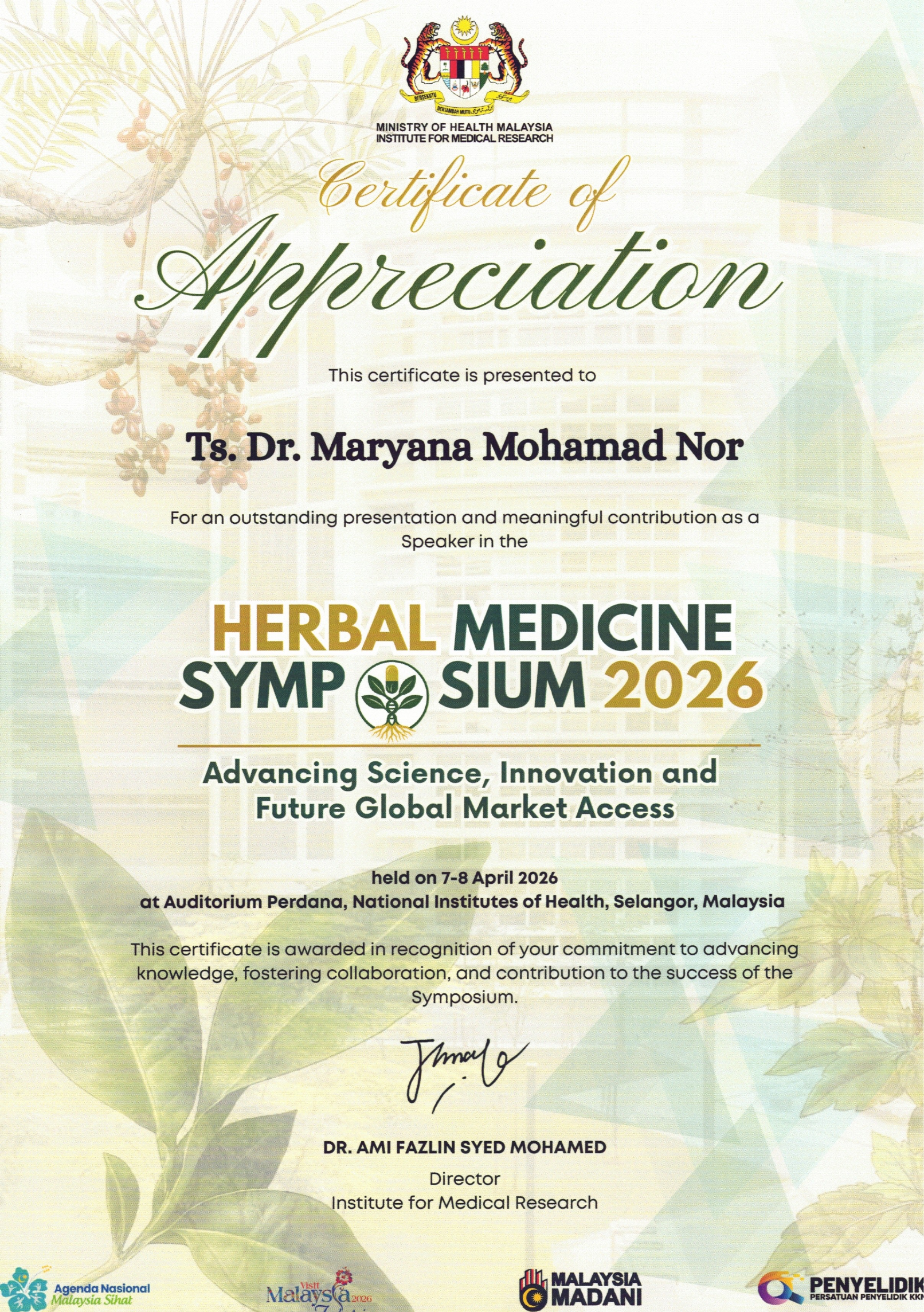 Sijil Speaker Dr. Maryana